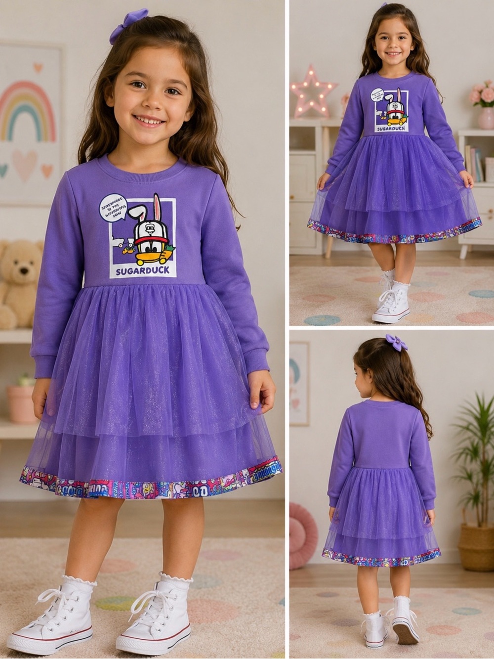 Sugar Duck Girls Purple Tulle Graphic Sweatshirt Dress Size 6/7